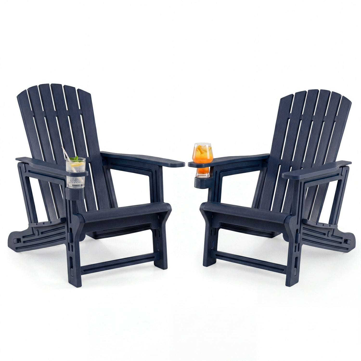 Set of 2 black HDPE Adirondack chairs with cup holders and wood-like texture for outdoor patio seating.