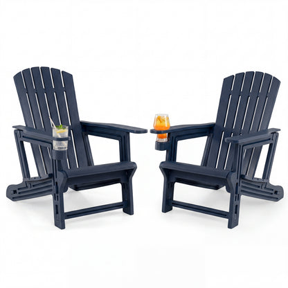 Set of 2 black HDPE Adirondack chairs with cup holders and wood-like texture for outdoor patio seating.