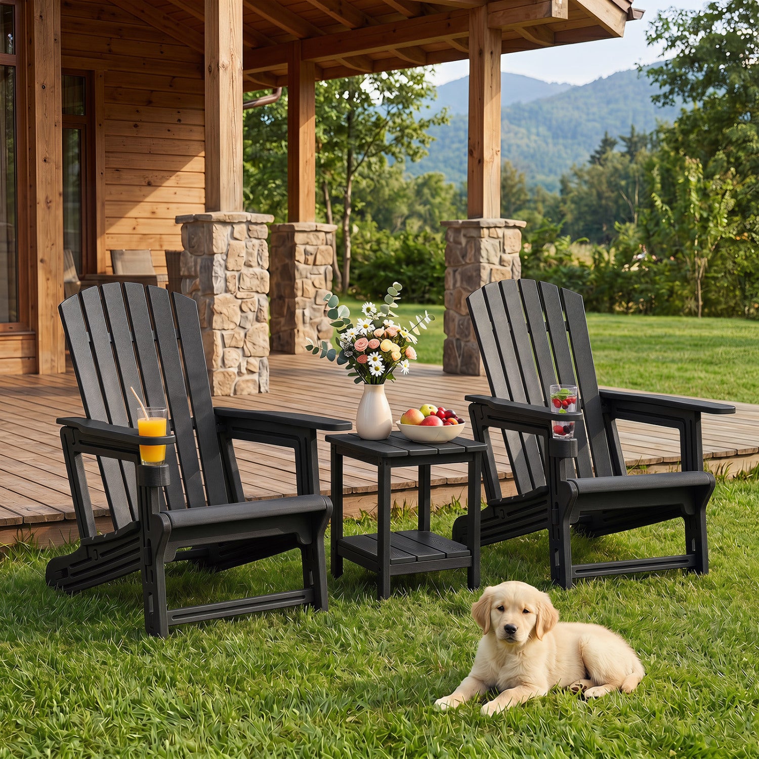 Set of 2 black HDPE Adirondack chairs with cup holders and wood-like texture for outdoor patio seating.
