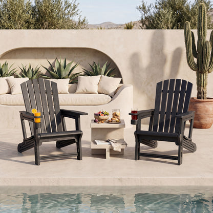 Set of 2 black HDPE Adirondack chairs with cup holders and wood-like texture for outdoor patio seating.