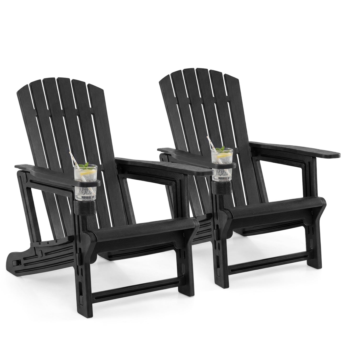 Set of 2 black HDPE Adirondack chairs with wood-like texture and cup holders for outdoor patio seating.