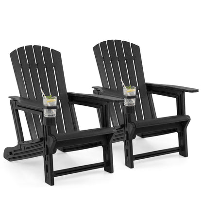 Set of 2 black HDPE Adirondack chairs with wood-like texture and cup holders for outdoor patio seating.