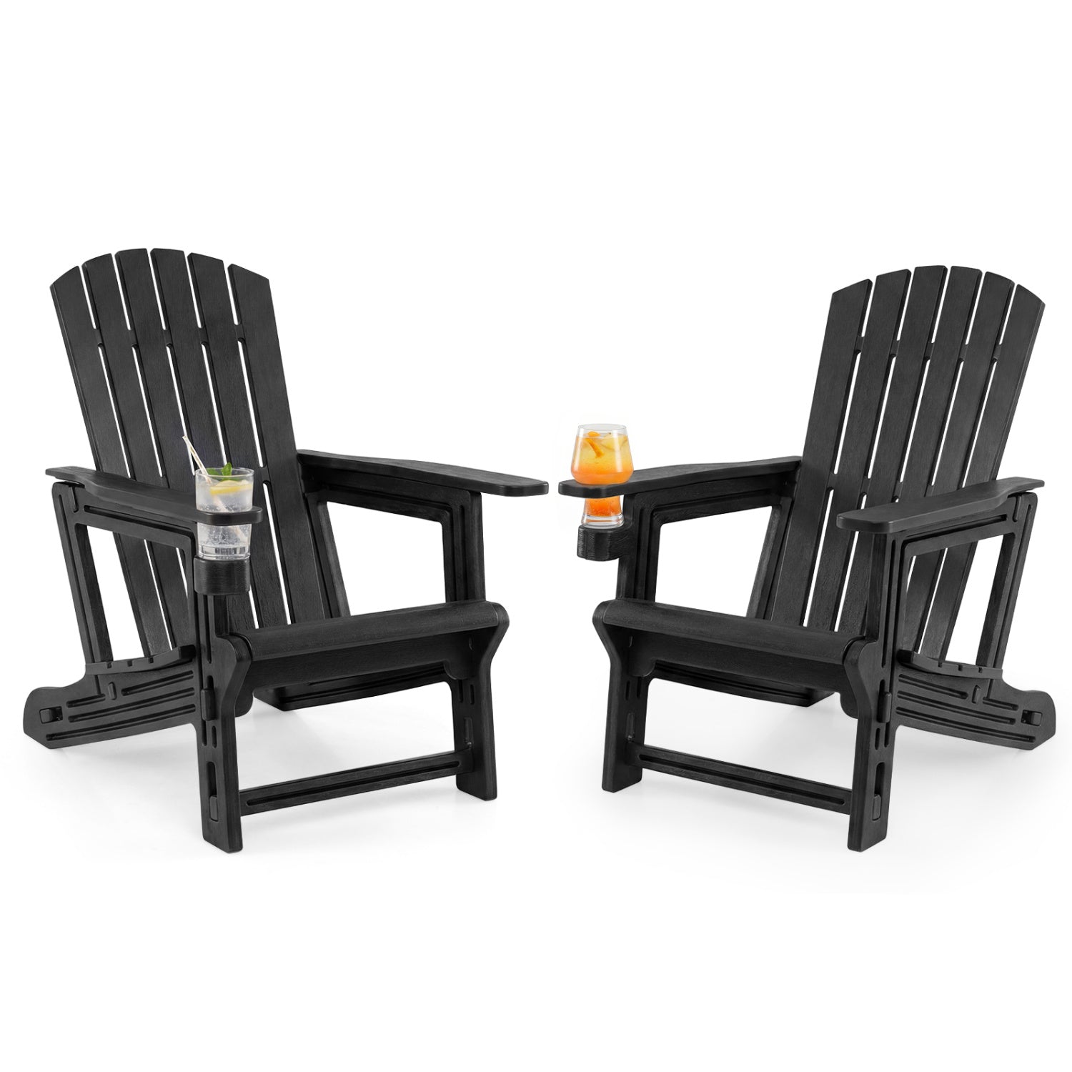 Set of 2 black HDPE Adirondack chairs with cup holders and wood-like texture for outdoor patio seating.
