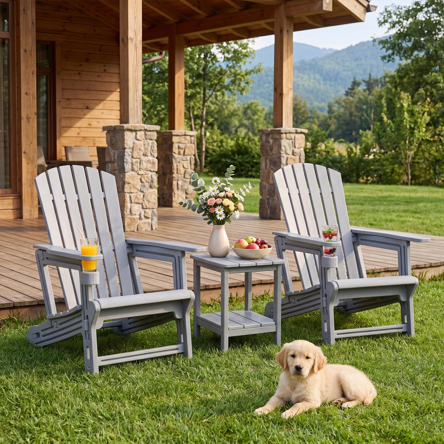 Set of 2 black HDPE Adirondack chairs with cup holders and wood-like texture for outdoor patio seating.