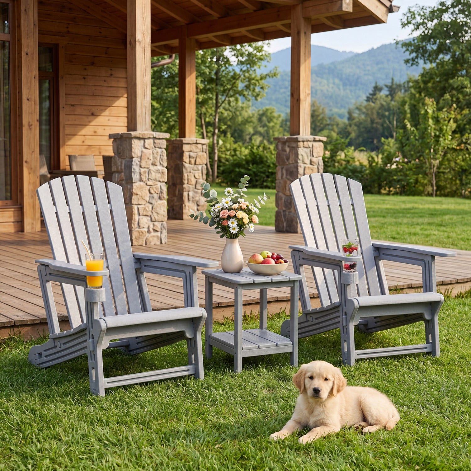 Set of 2 black HDPE Adirondack chairs with cup holders and wood-like texture for outdoor patio seating.