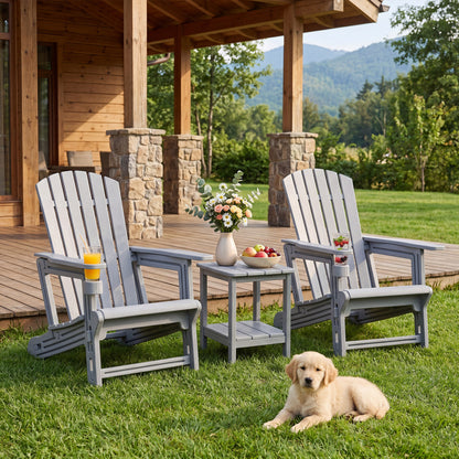 Set of 2 black HDPE Adirondack chairs with cup holders and wood-like texture for outdoor patio seating.