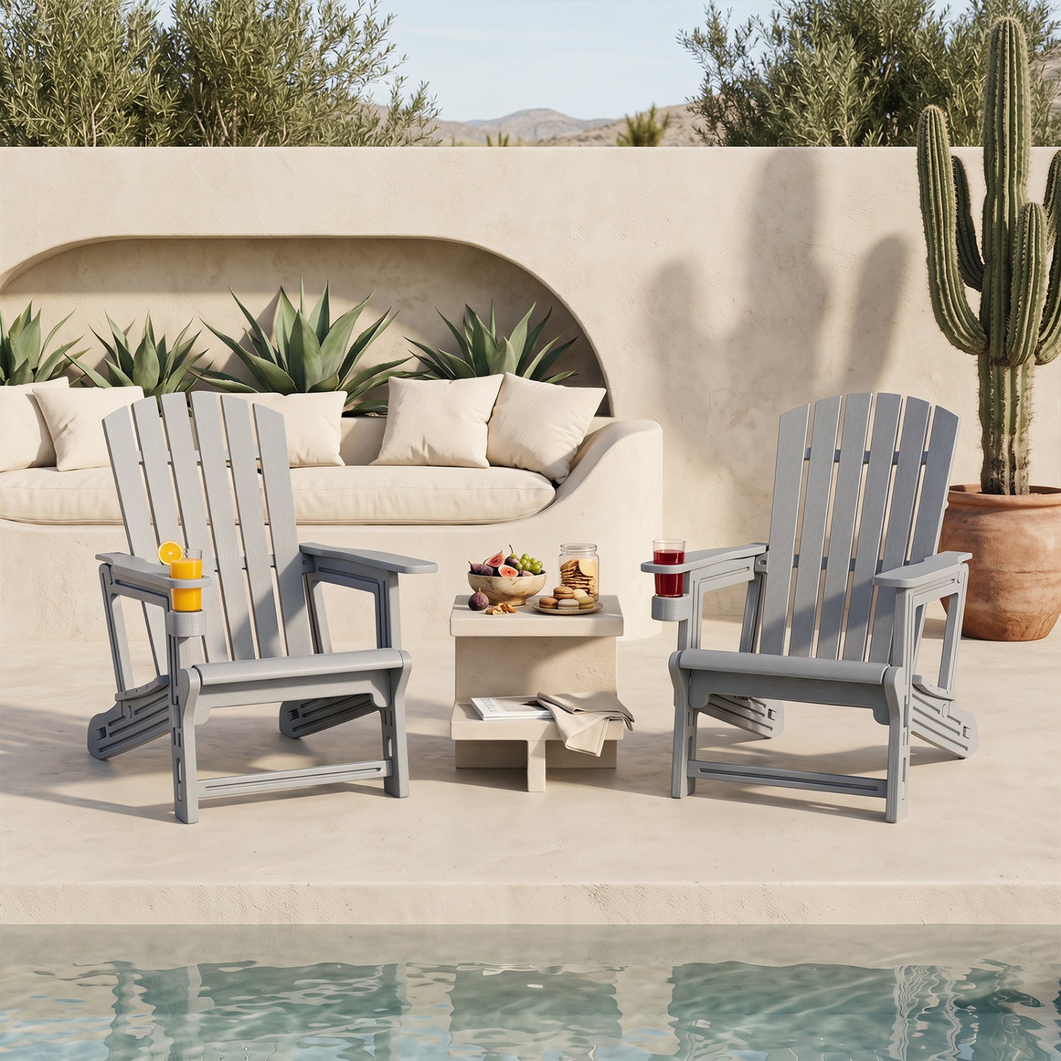 Set of 2 black HDPE Adirondack garden chairs with wood-like texture, cup holders, outdoor patio furniture by Wilsons Home Store.