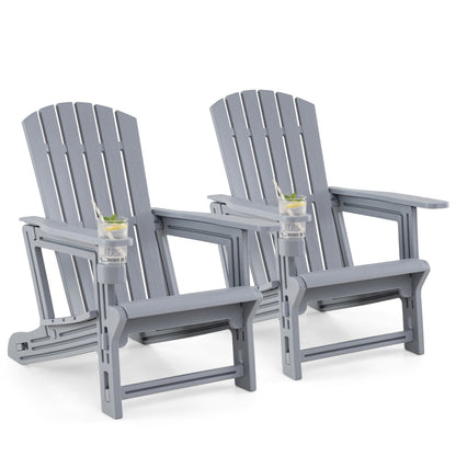 Set of 2 black HDPE Adirondack chairs with wood-like texture and cup holders for outdoor patio seating.