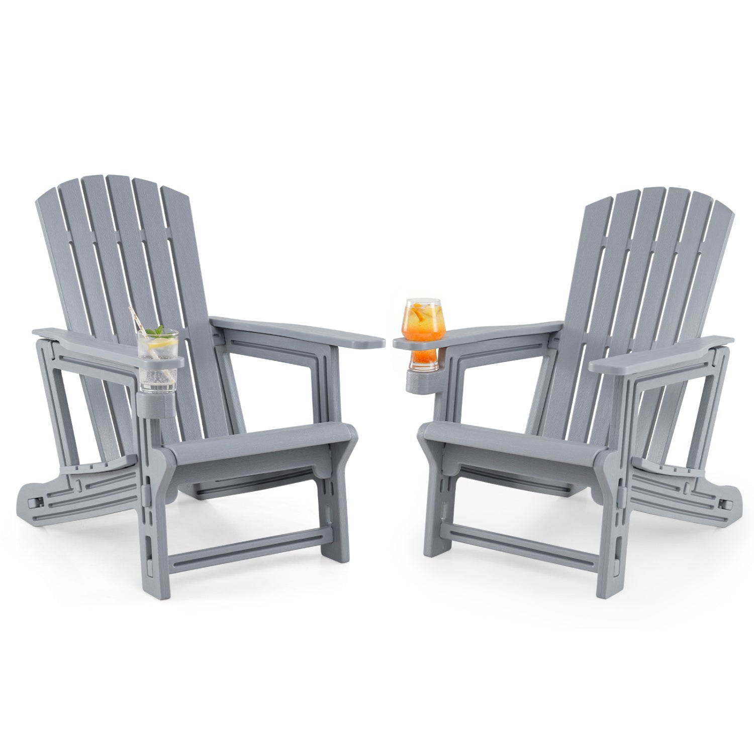 Set of 2 black HDPE Adirondack chairs with cup holders and wood-like texture for outdoor patio seating.