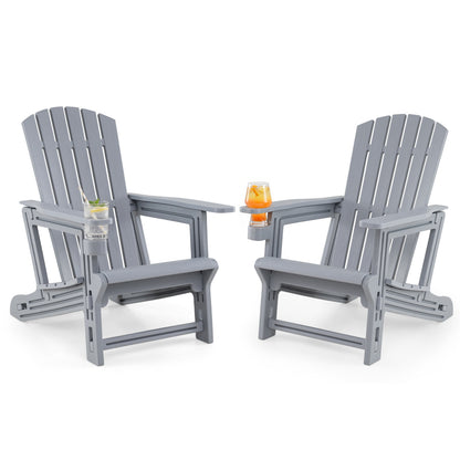 Set of 2 black HDPE Adirondack chairs with cup holders and wood-like texture for outdoor patio seating.
