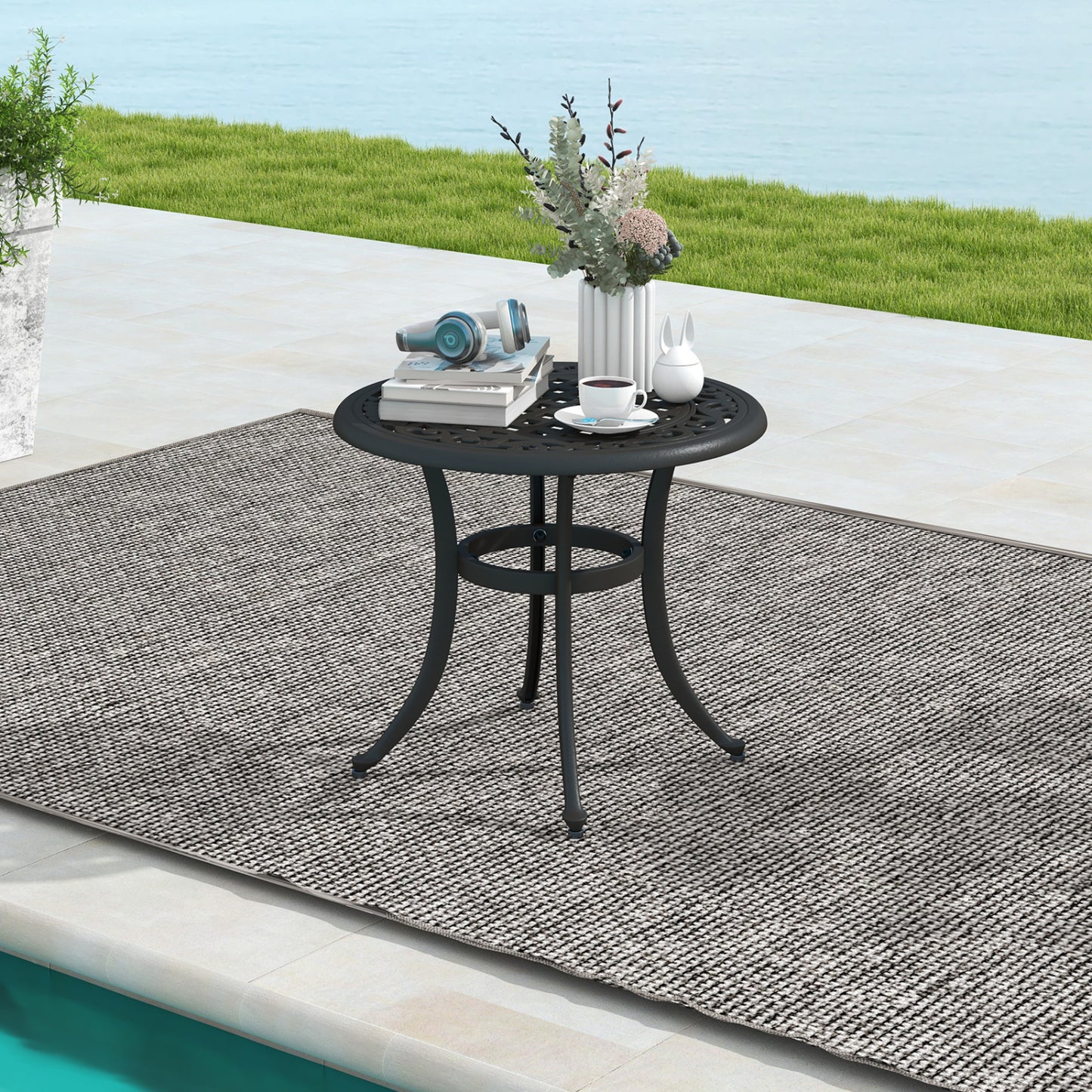 Set of 2 heavy-duty outdoor aluminum patio coffee tables with adjustable footpads in antique brown, suitable for outdoor patio use.