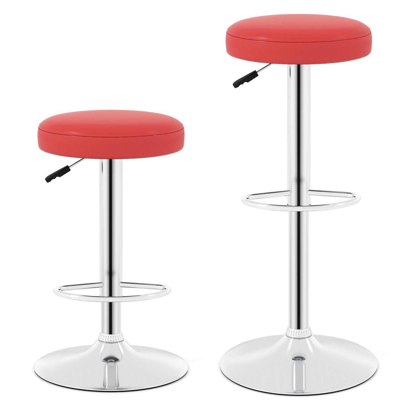Set of 2 red height-adjustable swivel bar stools with 360° rotation, featuring modern kitchen and dining furniture design.
