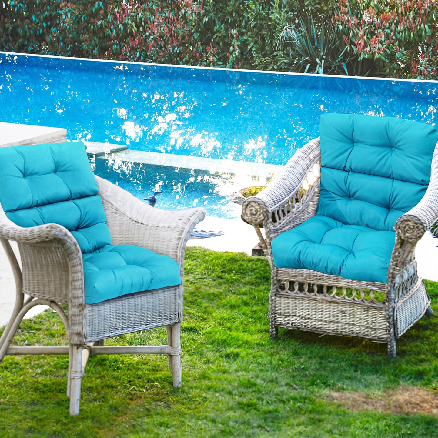 Set of 2 turquoise outdoor high back chair cushions with adjustable height, designed for patio furniture.