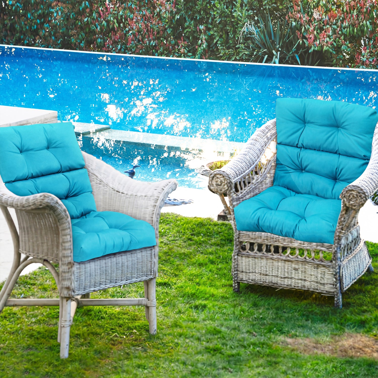 Set of 2 turquoise outdoor high back chair cushions with adjustable height, designed for patio furniture.
