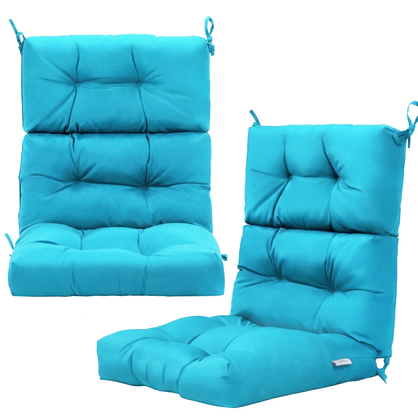 Set of 2 turquoise outdoor high back chair cushions with adjustable height, designed for patio furniture by Wilsons Home Store