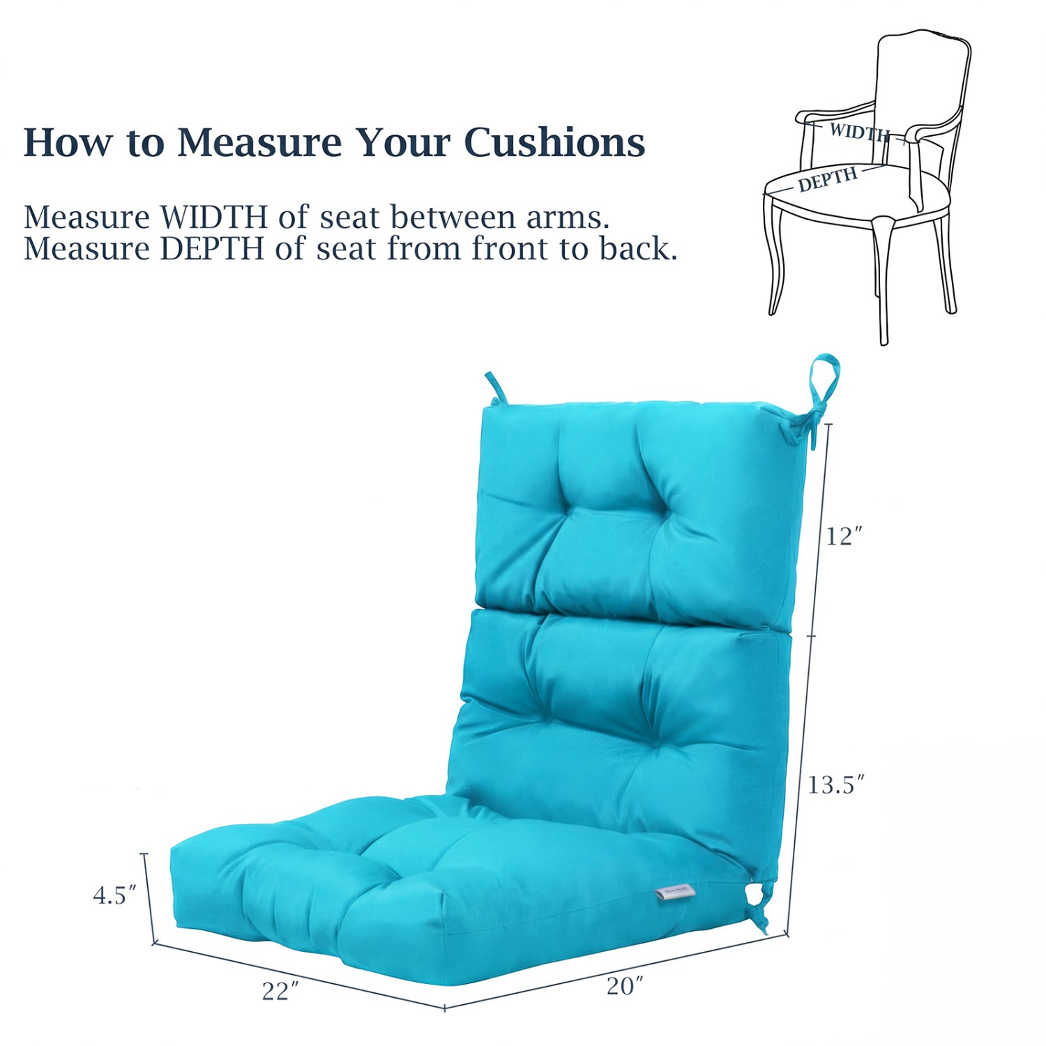 Set of 2 turquoise high-back outdoor chair cushions with adjustable height, designed for patio furniture comfort.