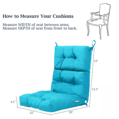 Set of 2 turquoise high-back outdoor chair cushions with adjustable height, designed for patio furniture comfort.