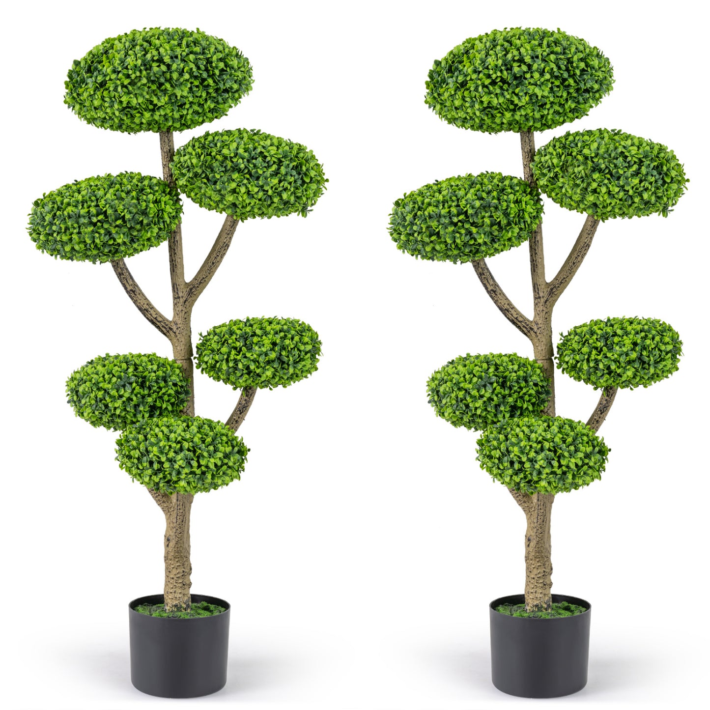 Set of 2 indoor/outdoor faux topiary trees with realistic trunks and cement-filled bases, ideal for home decor.