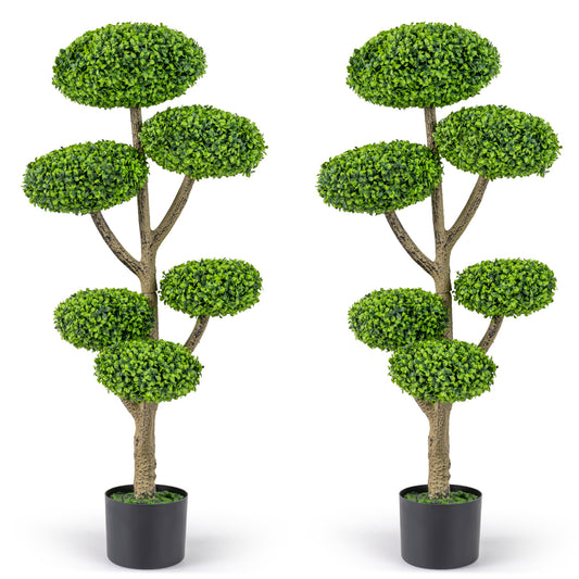 Set of 2 indoor/outdoor faux topiary trees with realistic trunks and cement-filled bases, ideal for home decor.