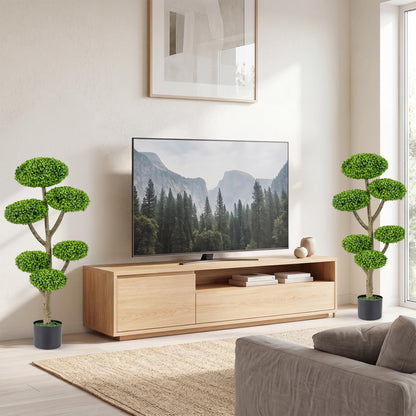 Set of 2 indoor outdoor topiary trees with realistic trunks and cement-filled bases for home decor and faux plant accents.