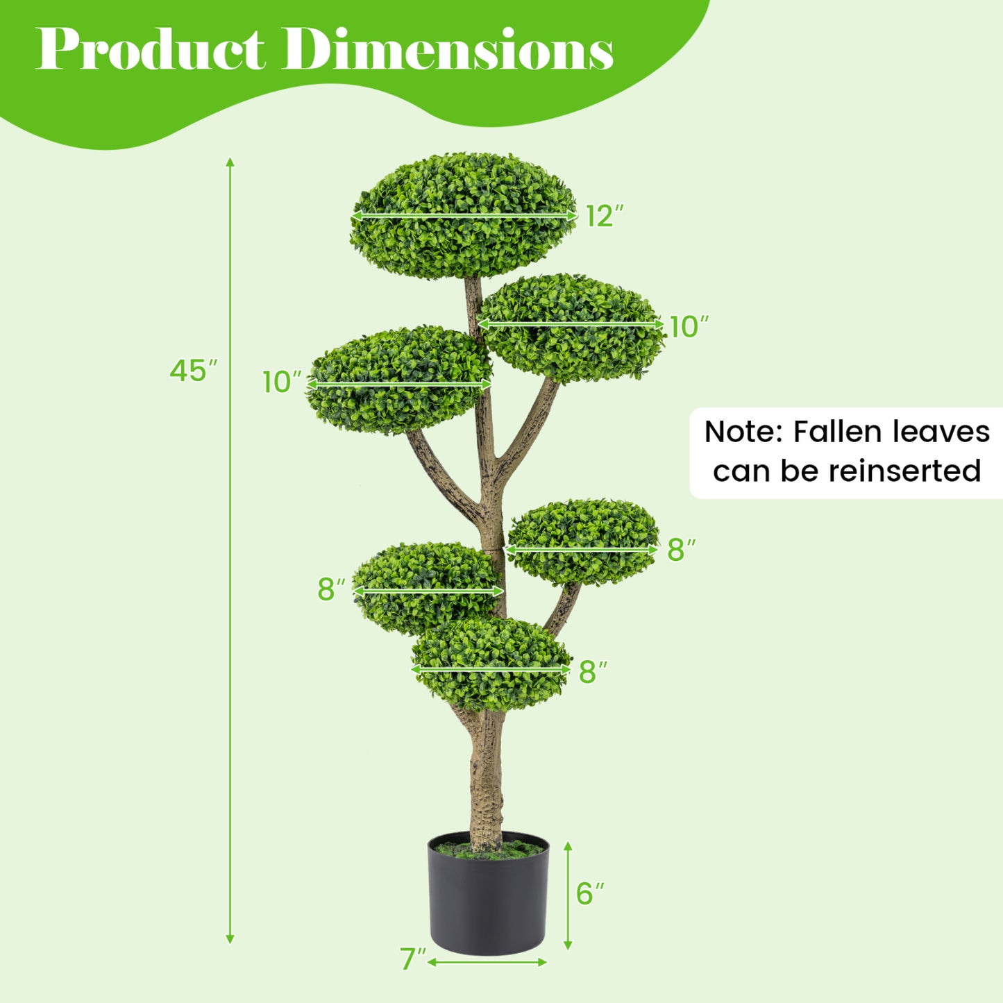 Set of 2 indoor and outdoor faux topiary trees with realistic trunks and cement-filled bases for home decor.