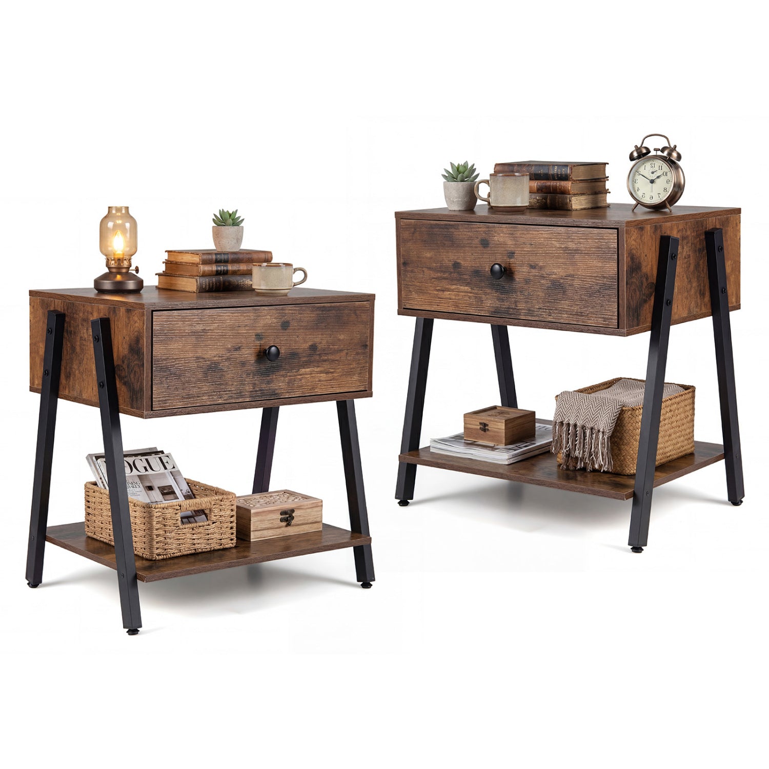 Set of 2 industrial nightstands with adjustable foot pads in rustic brown wood finish, ideal for bedroom furniture.