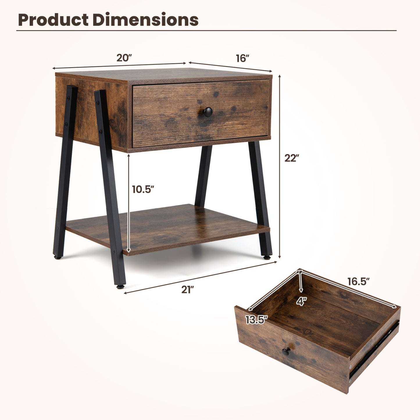 Set of 2 industrial nightstands with adjustable foot pads in rustic brown, suitable for bedroom decor.