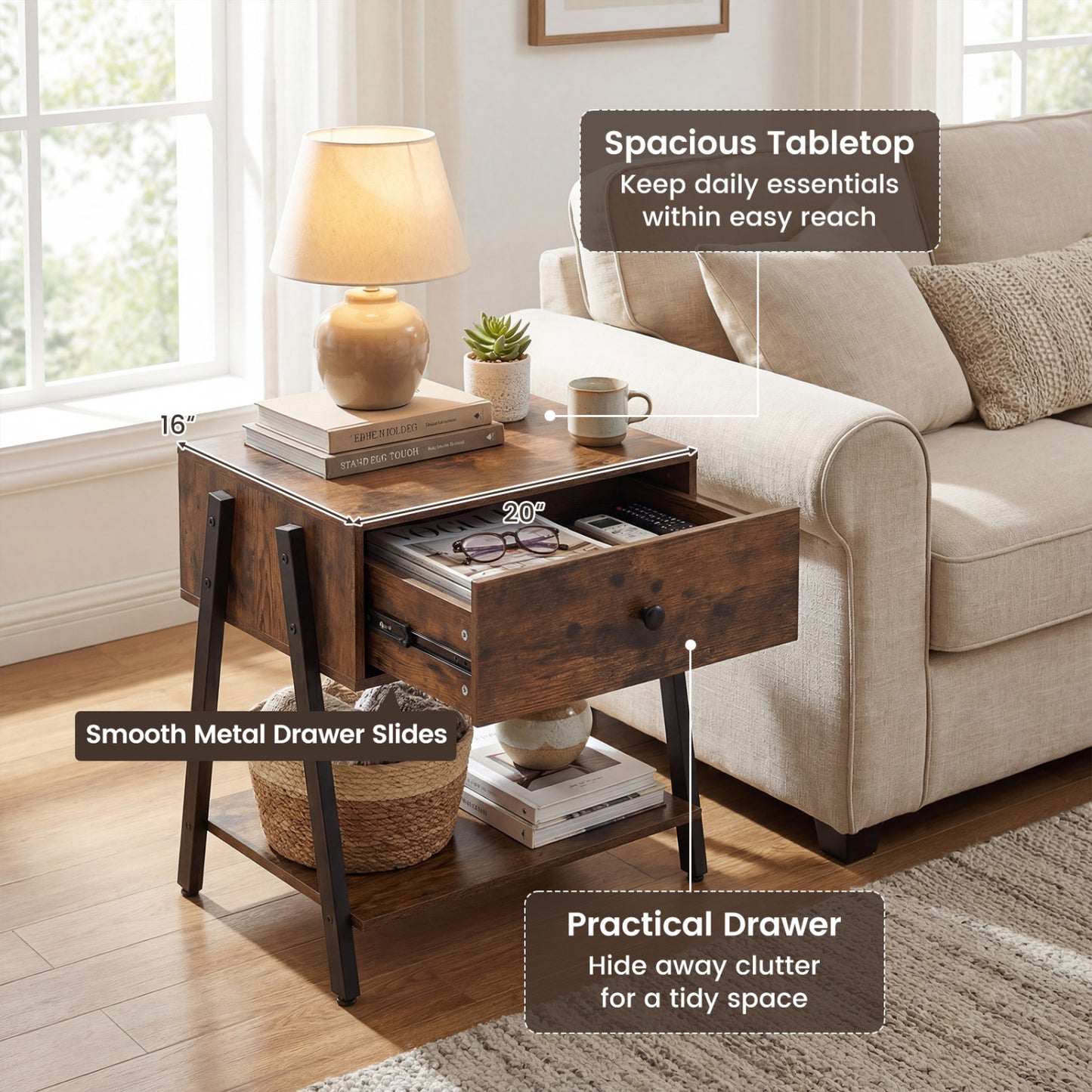 Set of 2 industrial nightstands with adjustable foot pads in rustic brown for bedroom decor.