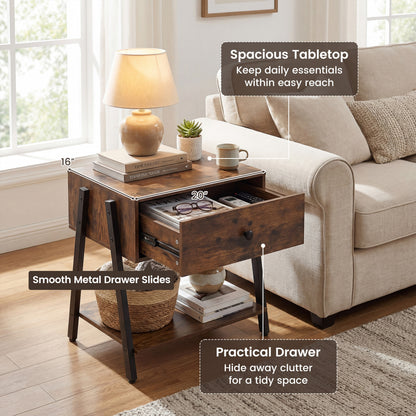 Set of 2 industrial nightstands with adjustable foot pads in rustic brown for bedroom decor.