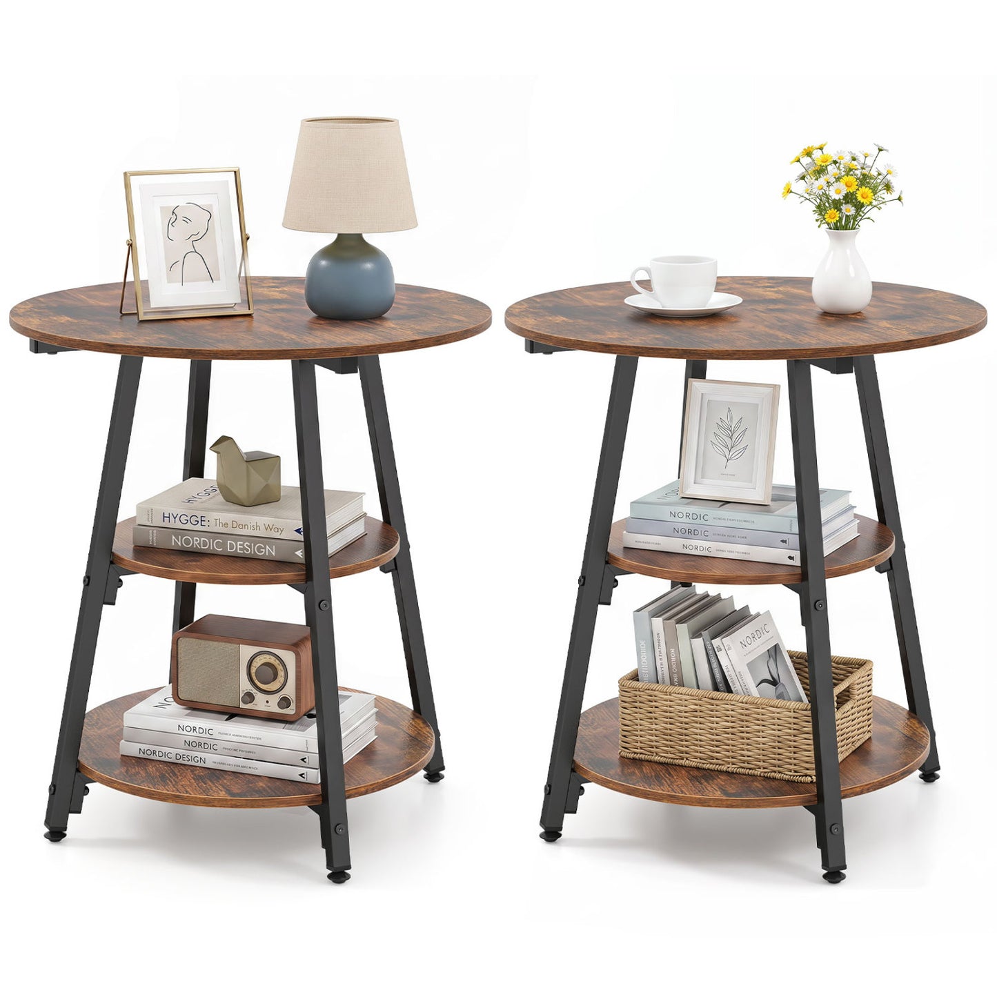 Set of 2 Industrial Side Tables with 3-Tier Shelves & Metal Frame for Small Space-Rustic Brown