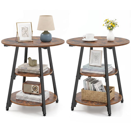 Set of 2 Industrial Side Tables with 3-Tier Shelves & Metal Frame for Small Space-Rustic Brown