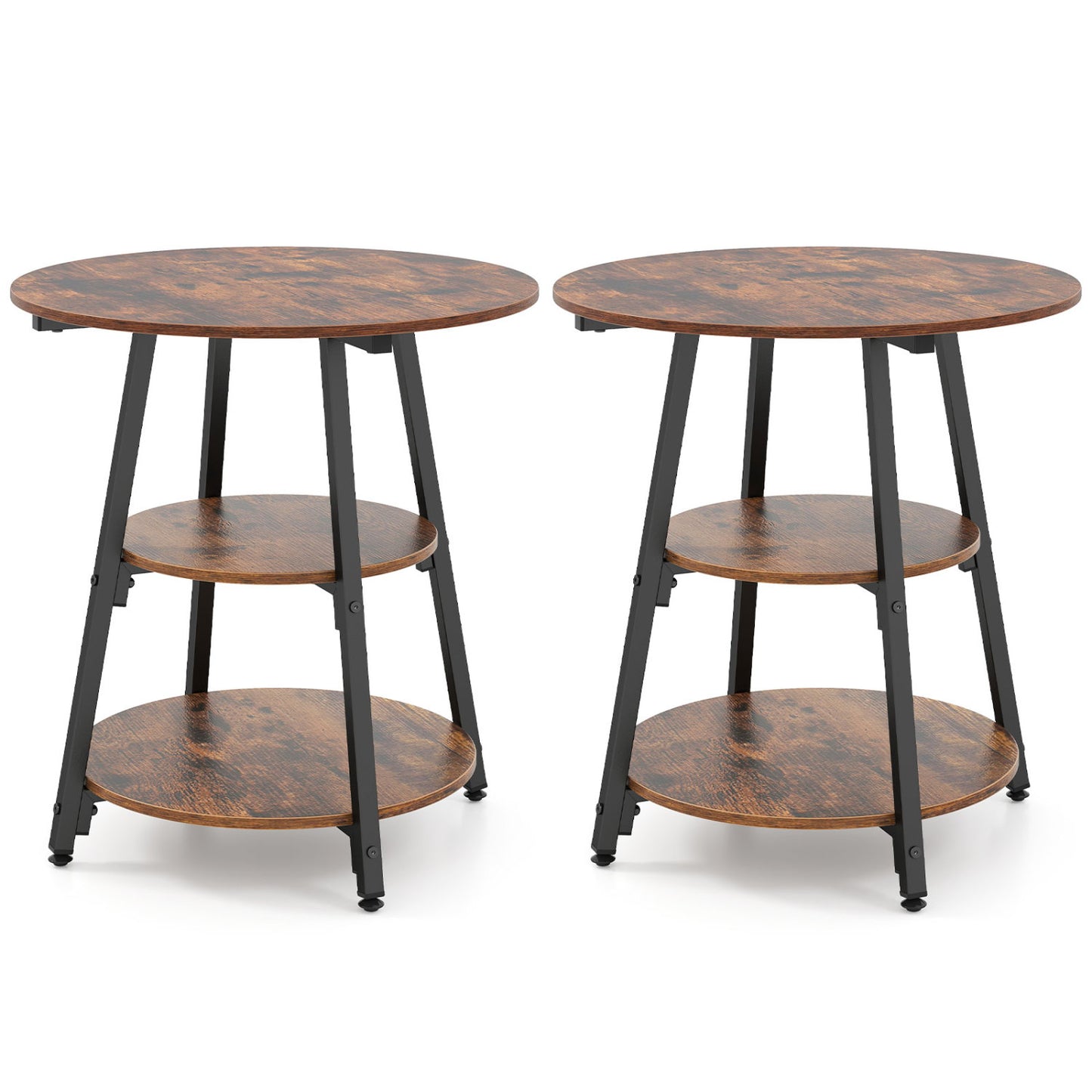 Set of 2 Industrial Side Tables with 3-Tier Shelves & Metal Frame for Small Space-Rustic Brown