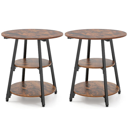 Set of 2 Industrial Side Tables with 3-Tier Shelves & Metal Frame for Small Space-Rustic Brown