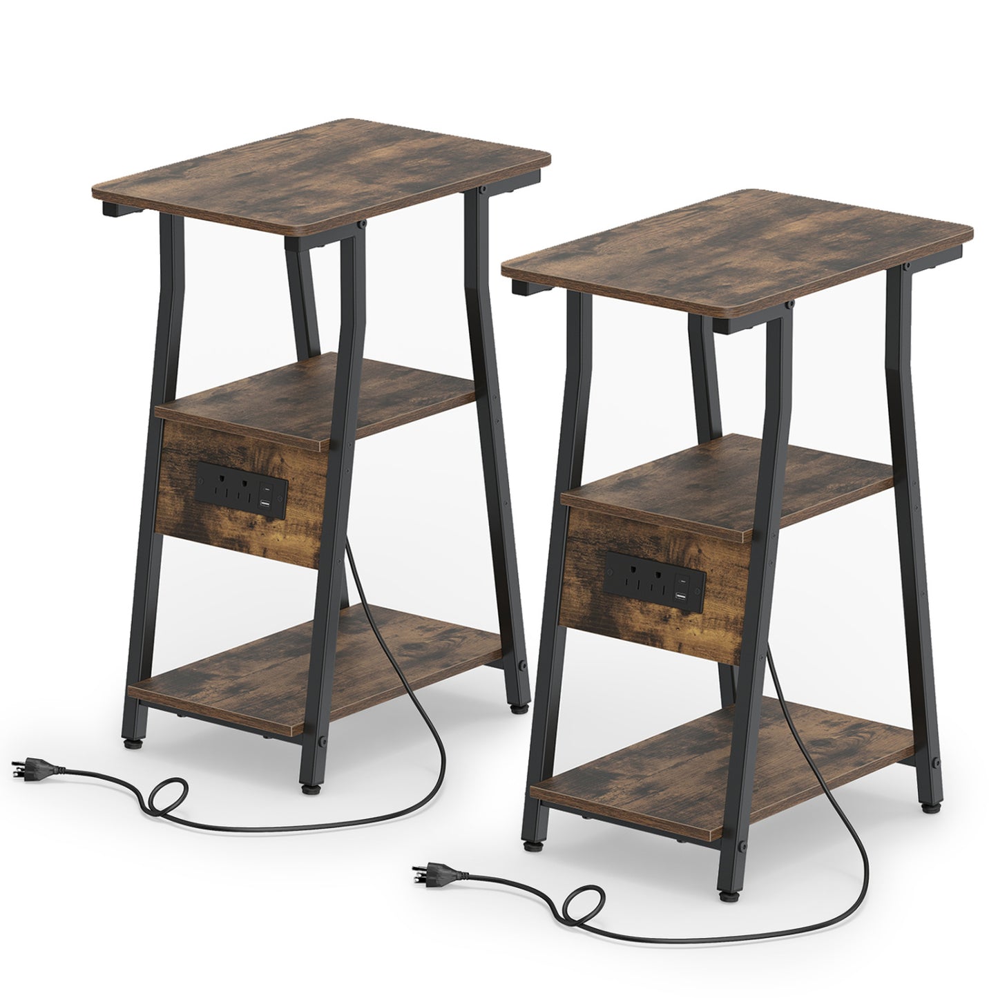 Set of 2 Industrial Side Tables with Charging Station & 3-Tier Shelves for Small Space-Rustic Brown