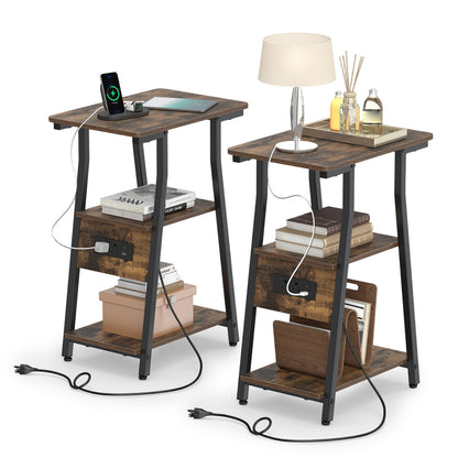 Set of 2 Industrial Side Tables with Charging Station & 3-Tier Shelves for Small Space-Rustic Brown