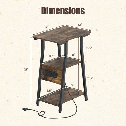 Set of 2 Industrial Side Tables with Charging Station & 3-Tier Shelves for Small Space-Rustic Brown
