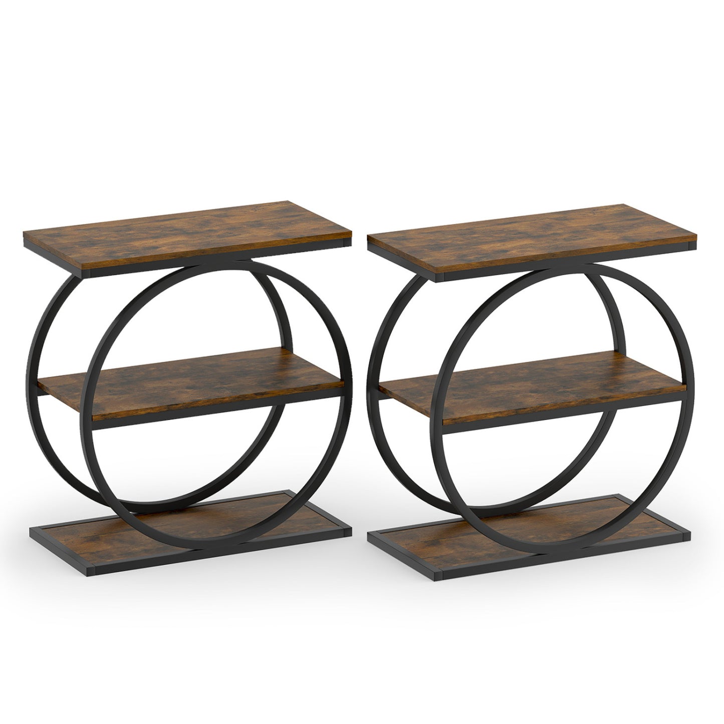 Set of 2 Industrial Faux Marble Side Table with Metal Frame for Small Spaces-Rustic Brown