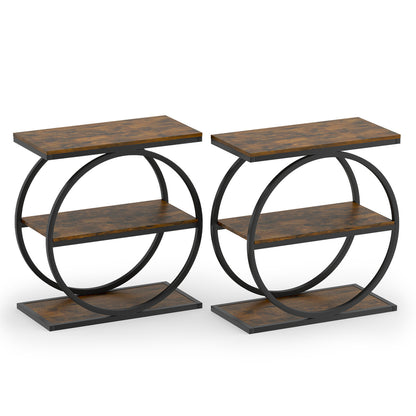 Set of 2 Industrial Faux Marble Side Table with Metal Frame for Small Spaces-Rustic Brown