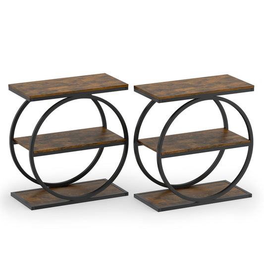 Set of 2 industrial faux marble side tables with metal frames in rustic brown, perfect for small living room spaces.