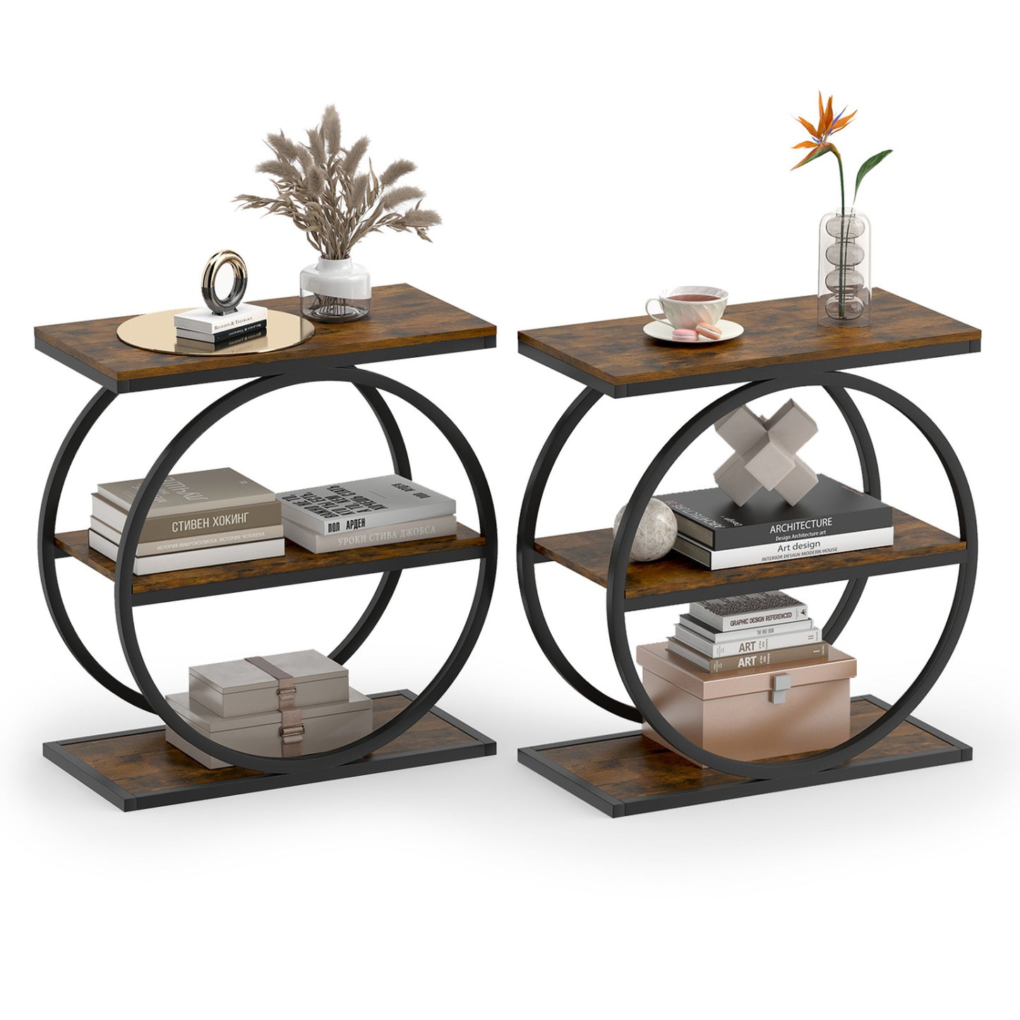 Set of 2 Industrial Faux Marble Side Table with Metal Frame for Small Spaces-Rustic Brown