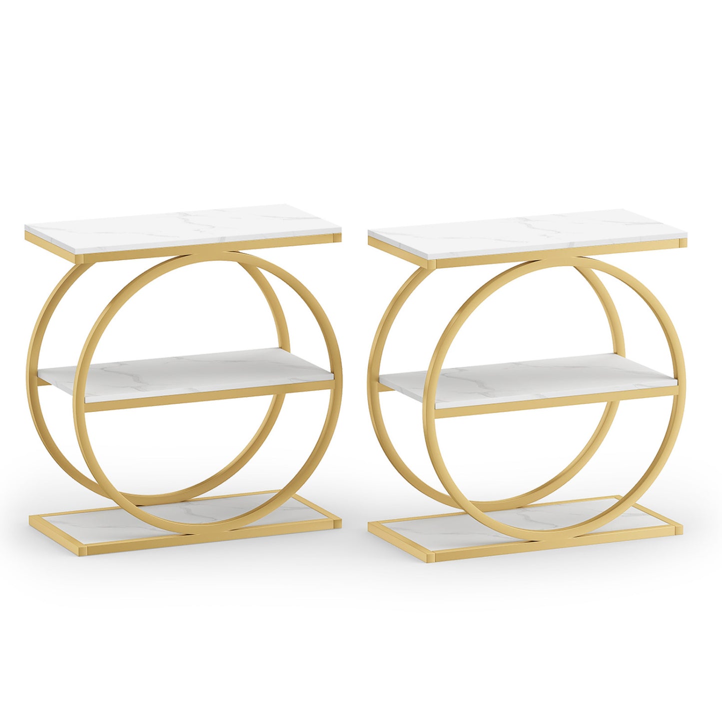 Set of 2 Industrial Faux Marble Side Table with Metal Frame for Small Spaces-Rustic Brown