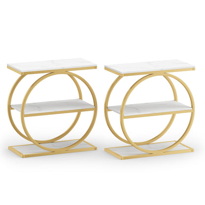 Set of 2 Industrial Faux Marble Side Table with Metal Frame for Small Spaces-Rustic Brown