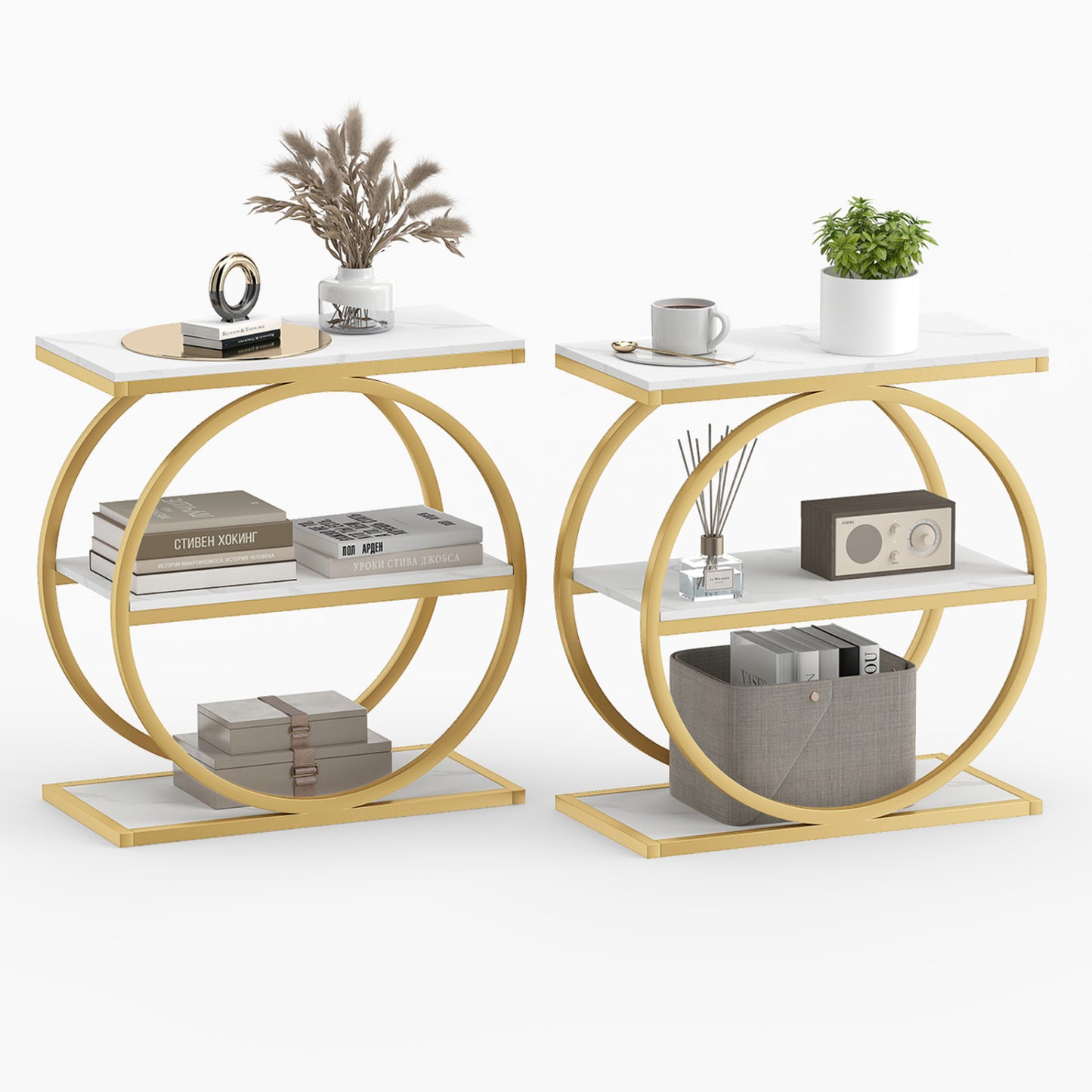Set of 2 Industrial Faux Marble Side Table with Metal Frame for Small Spaces-Rustic Brown