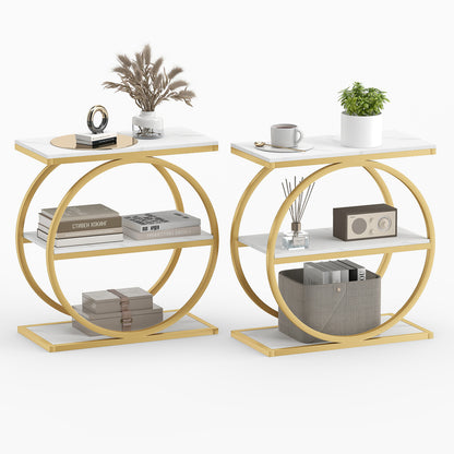 Set of 2 Industrial Faux Marble Side Table with Metal Frame for Small Spaces-Rustic Brown