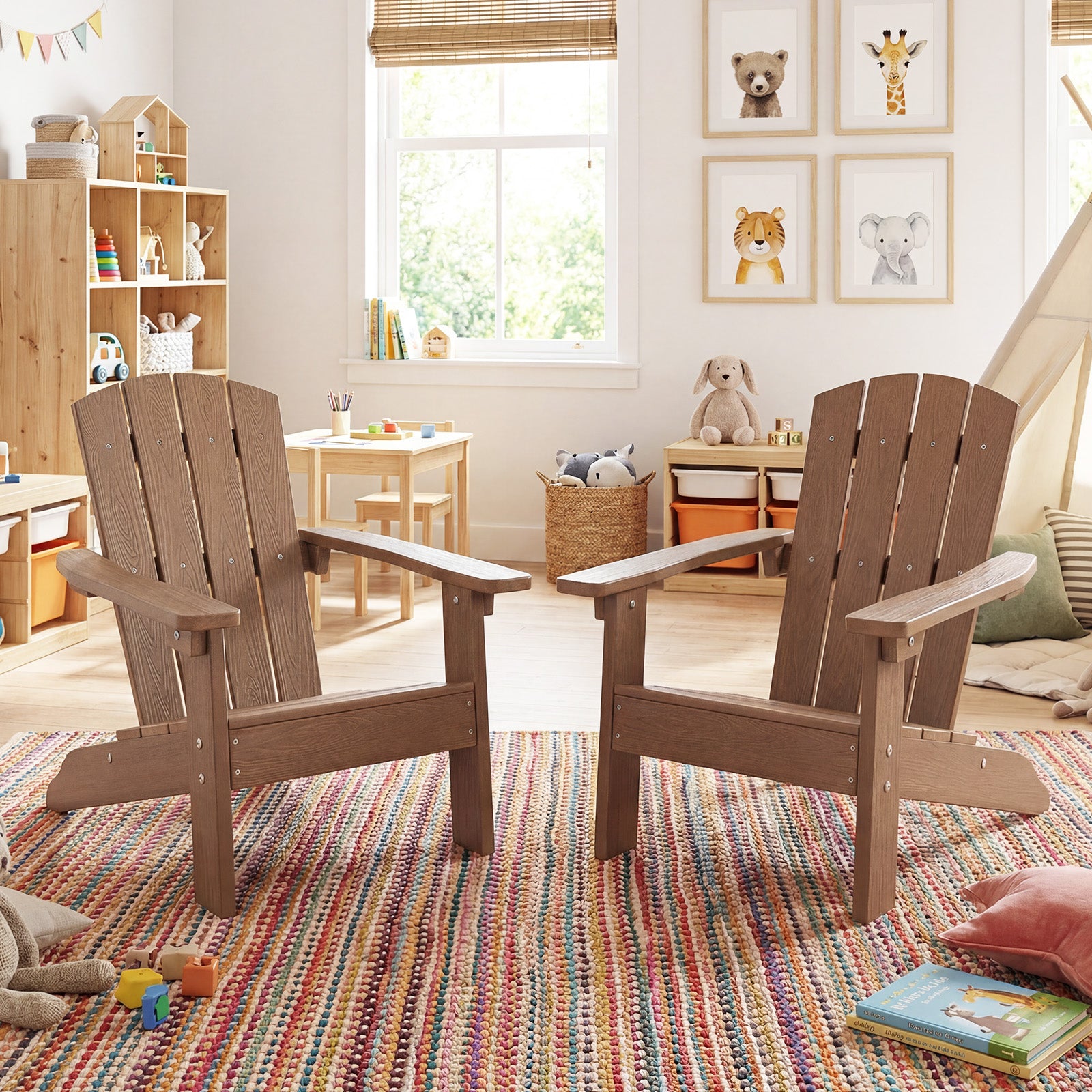 Set of 2 brown kid's Adirondack chairs with high backrests and armrests, designed for toddlers and children, by Wilsons Home Store.