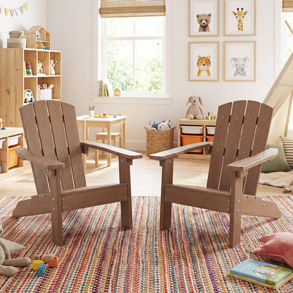 Set of 2 brown kid's Adirondack chairs with high backrests and armrests, designed for toddlers and children, by Wilsons Home Store.
