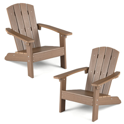 Set of 2 brown kid's Adirondack chairs with high backrests and armrests, toddler and kids furniture for comfortable seating