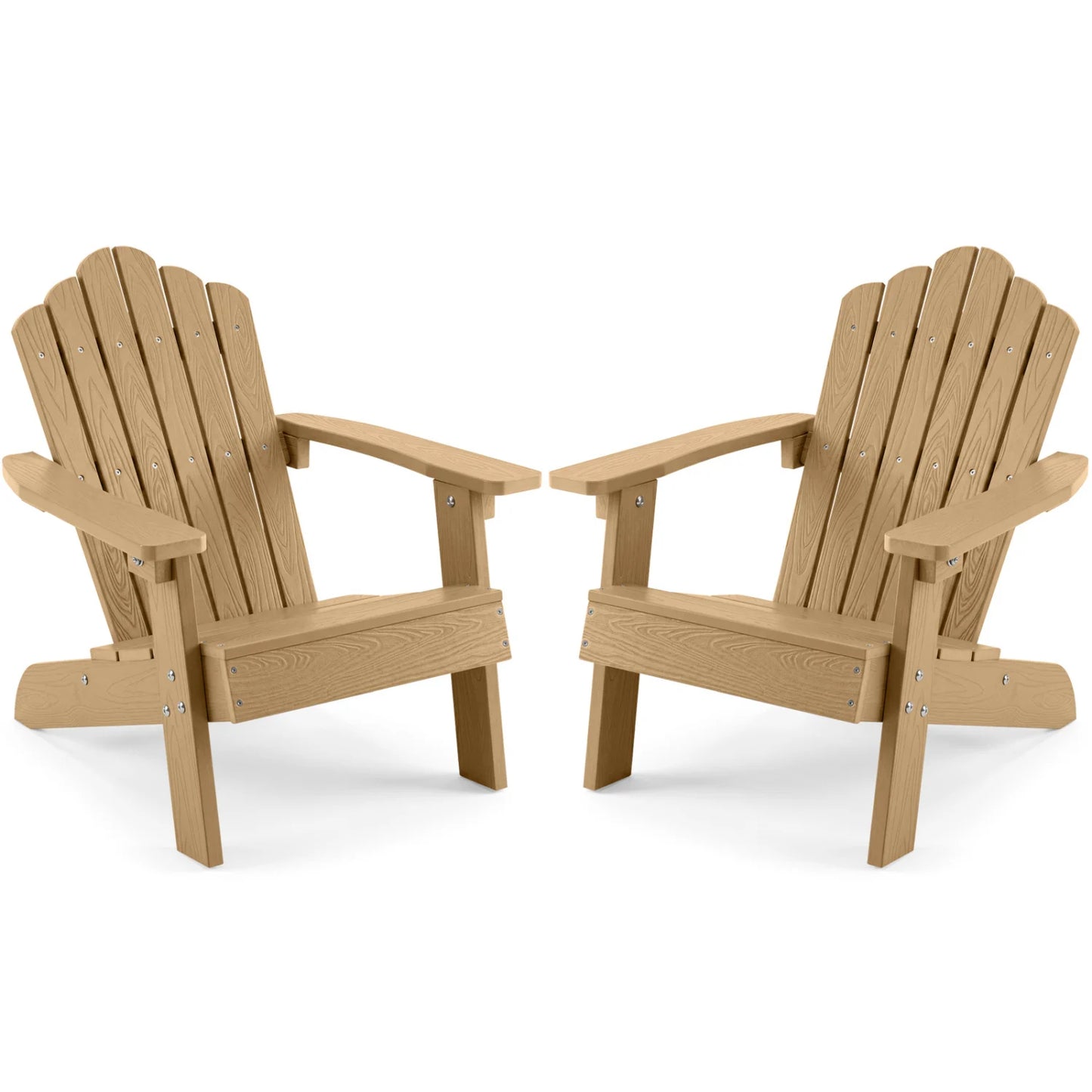 Set of 2 brown kids outdoor Adirondack chairs with high backrests, all-weather outdoor patio seating for children.