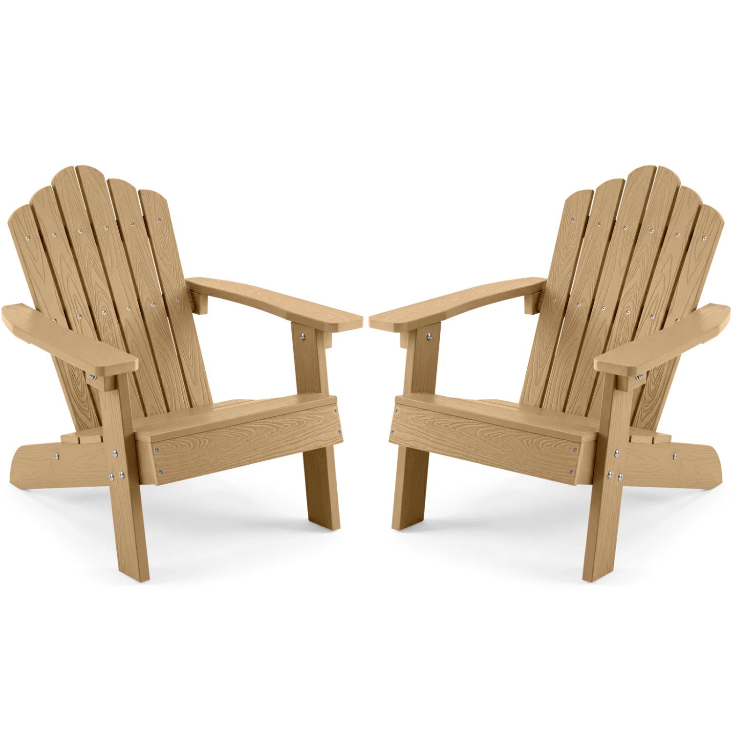 Set of 2 brown kids outdoor Adirondack chairs with high backrests, all-weather outdoor patio seating for children.