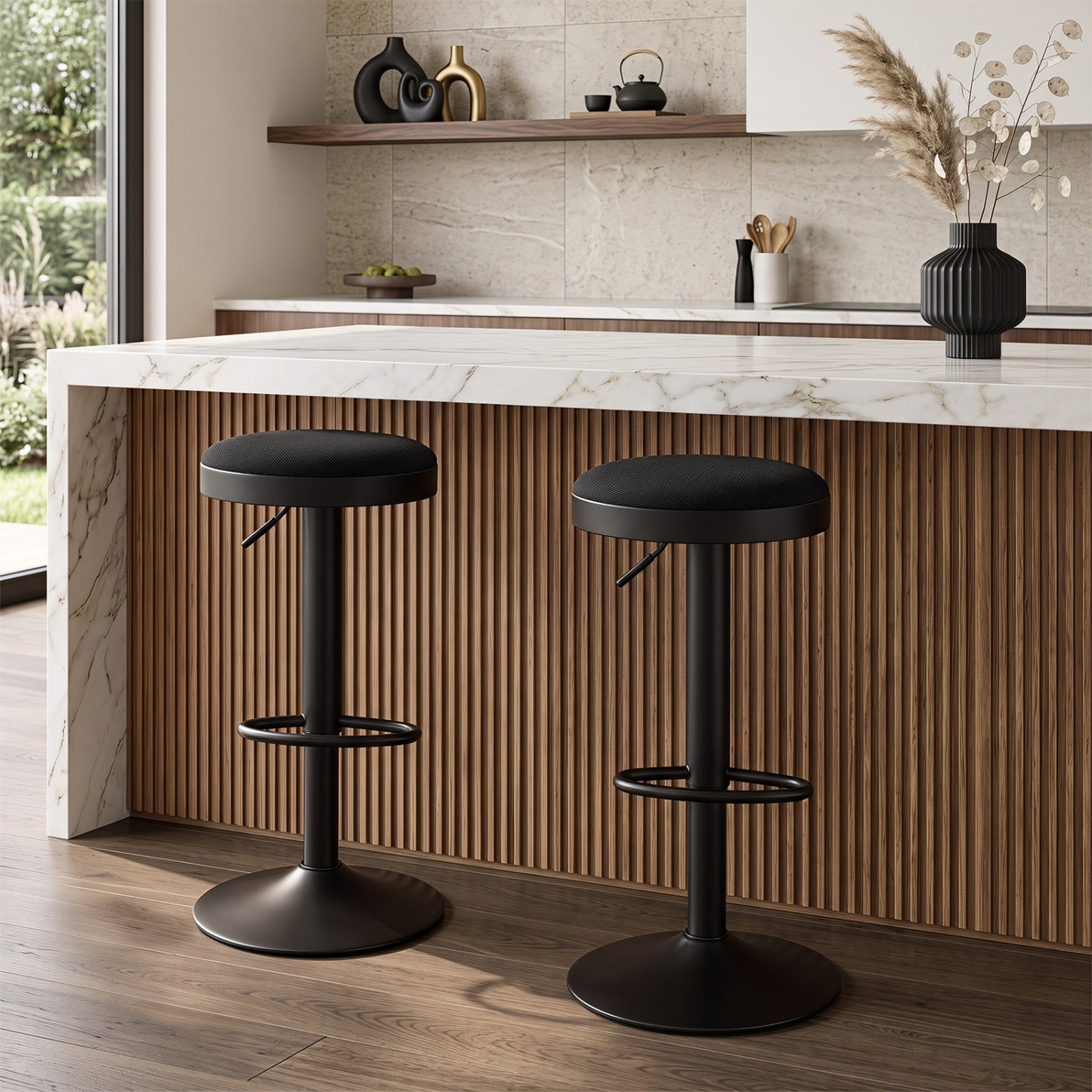 Set of 2 Kitchen Bar Stools with Height Adjustment Padded Seat and D-Shaped Footrest-Black
